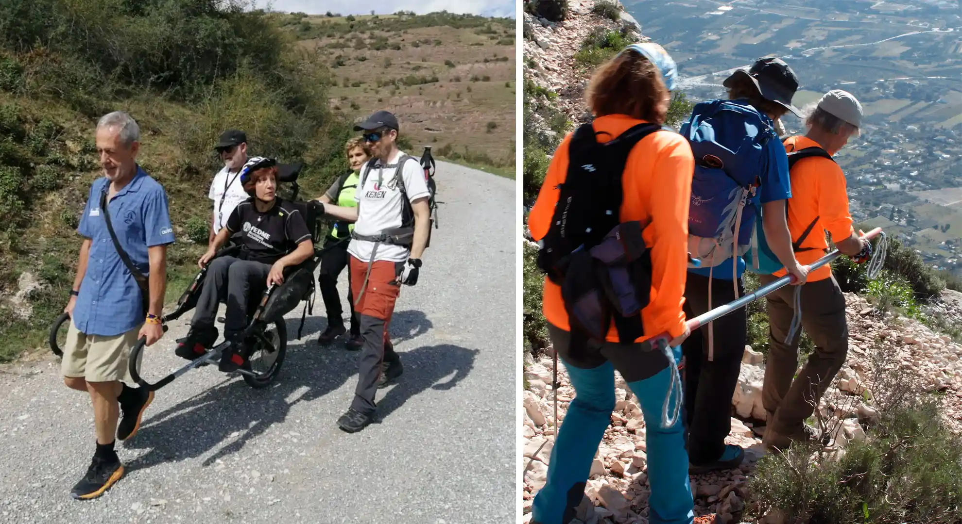 grupo de montañeros con discapacidad realizando actividades de montañismo por la federacion madrileña de montañismo
